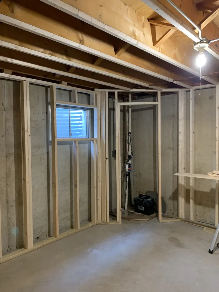 Basement framing with a framed window opening and utility room, Stittsville, Ottawa